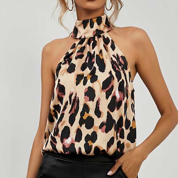 Tops - Satin silky Boho Leopard Print Halter Top Khaki